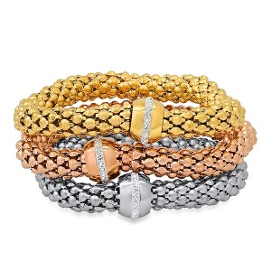 Steeltime Ladies tri toned stainless steel, 18k gold plated and 18k rose gold plated and simulated diamonds bead stretch mesh bracelet 3pc set - 1 of 1