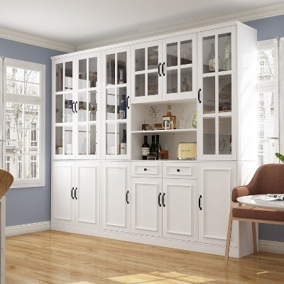 FUFU&GAGA 94.5"W Tempered Glass Door Large Modular Storage Cabinet Display Cabinet Bookshelf White