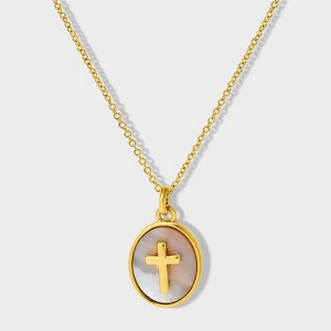 Tiny Tags 14K Gold Ion Plated with Mother of Pearl Inlay Cross Pendant Necklace - Gold - 1 of 4