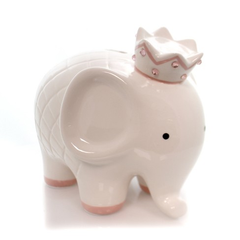 Dot piggy bank in earthenware with pink accents.