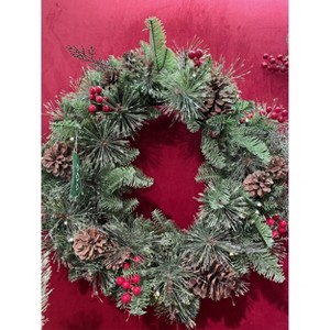 Season's Designs 24" Green Pine Wreath with Pinecones and Red Berries Illuminated Christmas Decor for Indoor and Outdoor Use 30 LED Clear Lights - 1 of 1