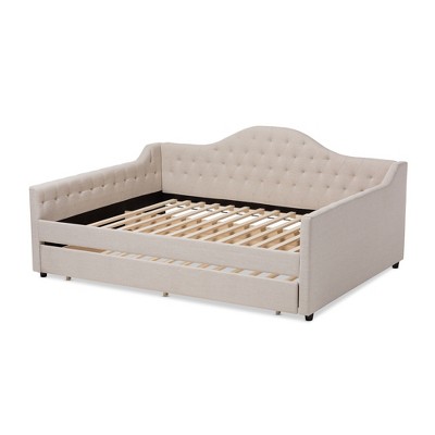 Light Beige Full Upholstered Daybed with Trundle and Tufted Headboard