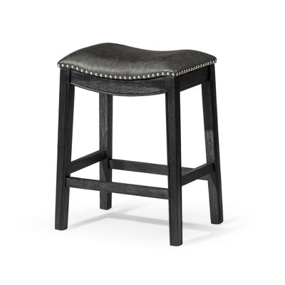 HomeRoots 26" Charcoal and Black Faux Leather and Solid Wood Backless Counter Height Bar Chair