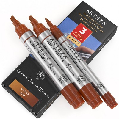 Arteza Acrylic Markers (A701 Bronze), 2 Big Barrel (chisel+bullet nib) + 1 Small Barrel, Single Color - 3 Pack (ARTZ-361