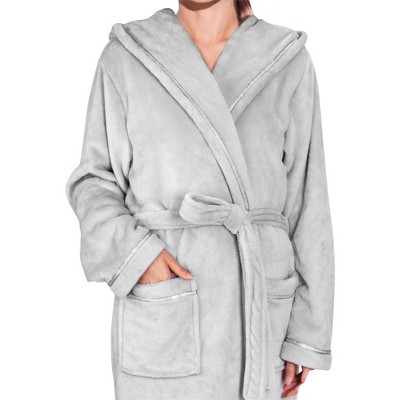 Light Gray Hooded Fleece Bathrobe with Satin Trim, S/M