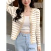 Womens Button Down Knit Striped Cardigan Long Sleeve Crop Tops Ribbed Textured Knit Cardigan with Wavy Neckline Slim Fit Knit Shrugs - 4 of 4