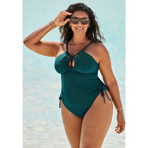 Women's Green Plus Size One Piece Ruched Cutout Halter Self Tied
