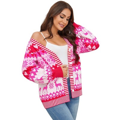 Coolmee Womens Christmas Print Long Sleeve Front Button Down Cardigan Casual Lightweight Sweaters