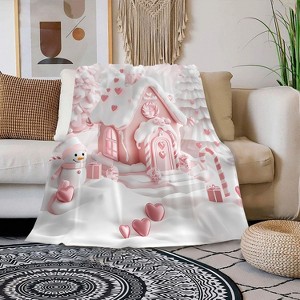 Christmas Throw Blanket for Couch Bed Sofa, Pink Gingerbread House with Snowman Heart Candy, Flannel Blanket Christmas Decor Xmas Gifts. - 1 of 4