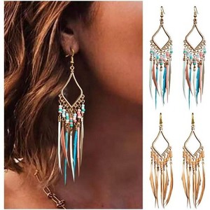 Bead Earrings Set Feather Tassel Gold Boho Ethnic Retro Bohemian Dangle Earring Bead Women Jewelry for Birthday Party Gifts - 1 of 4