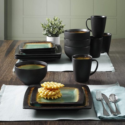Green Floral Ceramic Square Dinnerware Set, Service for 4