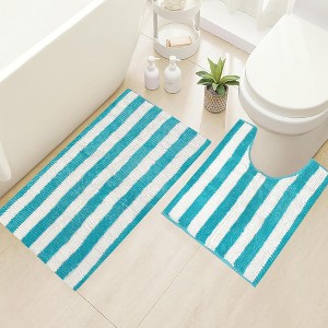 Home Mart Goods 2 Piece Set Light Blue Stripe Soft Cozy Plush Chenille Bath Mat Bathroom Rug - 1 of 4