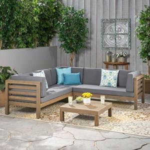 Christopher Knight Home Cynthia Patio Acacia Wood L Shape Upholstered 5-Seater Sectional Sofa Set with Coffee Table - 1 of 4