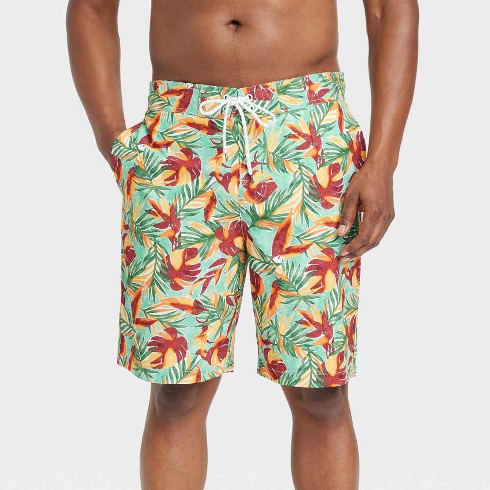 Men's 9"" Leaf Print E-Board Swim Shorts - Goodfellow & Co™ Green/Red XS -  86990386