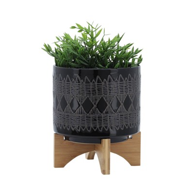 VisioGear Round Planter with Wooden Stand, Plant Pots for Living Room, Bedroom, Black, 8"*8"*9"