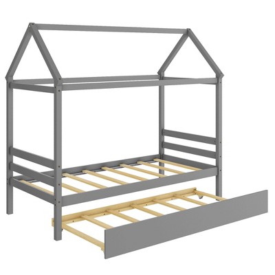 Tangkula Twin House Bed Frame W/ Trundle Roof Wooden Platform Mattress ...