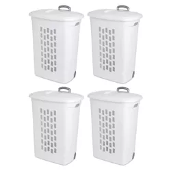 Sterilite Rectangular Plastic Slim Laundry Hamper Basket Bin with Wheels, Lift Top, and Pull Handle for Easy Transportation, White, 4 Pack