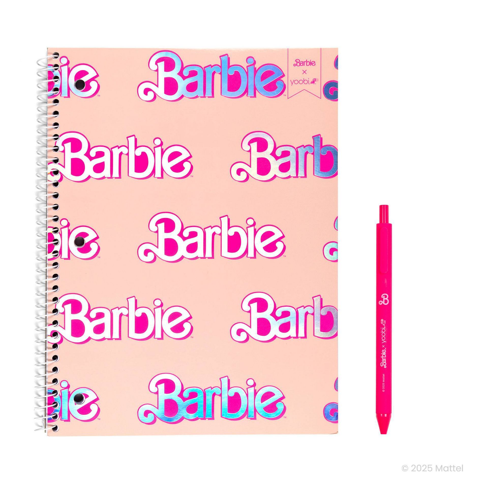 Yoobi Barbie 1 Subject Notebooks 8"x10.5" Wide Ruled with Pen Pink Barbie Logo Pattern, School Supplies