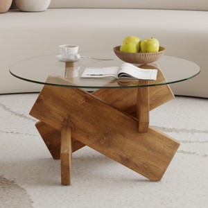 Modern Round Coffee Table with Artistic Geometric Base, Minimalist Accent Table for Living Room, Farmhouse or Contemporary Spaces-Maison Boucle - 1 of 4