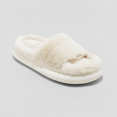 Faux Fur Platform Slippers in Tan