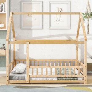 YOOCOZZ Full Size Floor Wooden Bed with House Roof Frame, Fence Guardrails-Nartural - 1 of 4