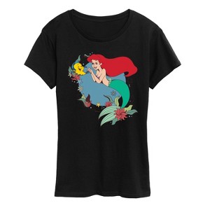 Women's - Disney Princess - Ariel And Flounder With Flowers Short Sleeve Graphic T-Shirt - 1 of 4