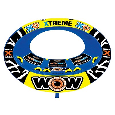WOW Sports 3 Person XO Extreme Oval Inflatable Towable Rider Tube and Float w/ Heavy Duty PVC Bladder and Handles for Lake and River, Yellow and Blue