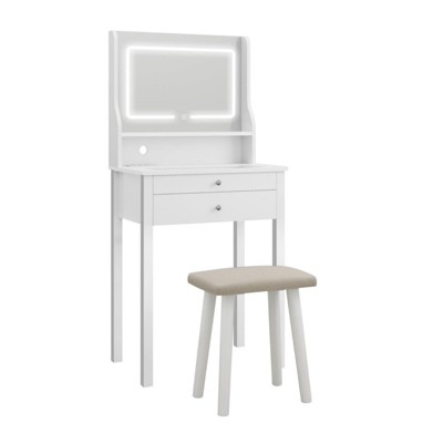ELECWISH 24" White Makeup Vanity Desk Set with LED Mirror & Stool - Adjustable Lighting, 2 Drawers, USB Charging Station, Clear Desktop