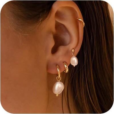 Pearl Dangle Hoop Earrings for Women - Dainty14K Gold Plated Small Drop Chain Hoops Trendy Earring Sets for