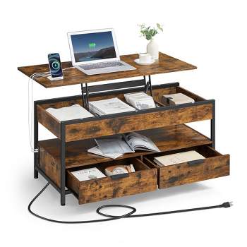 VASAGLE Lift Top Coffee Table with Storage Drawers and Charging Station, Hidden Compartments and Open Shelf