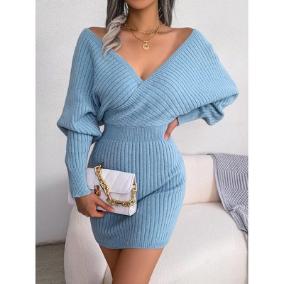 Women's V-Neck Batwing Sweater Dress Wrap Bodycon Knit Dress Long Sleeve Mini Dress
