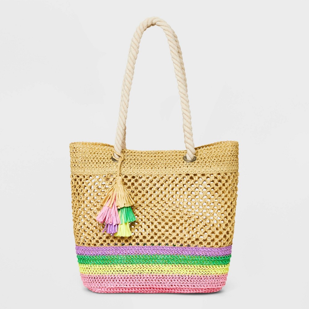 Photos - Travel Accessory Girls' Paper Striped Straw Tote Bag - art class™ Beige