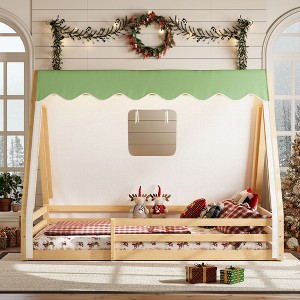 Okak Twin/Full House-Shaped Floor Canopy Beds with Tent & Light Decor,Solid Wood Bed Frame for Kids,Teens,No Spring Box Needed - 1 of 4