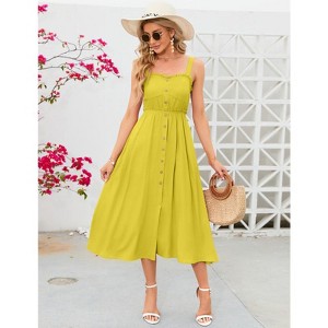 Women's Dress Casual Summer Spaghetti Strap Dress Button Down Sleeveless A Line Beach Swing Midi Sundress - 1 of 4