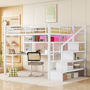 TiramisuBest Full Size Loft Bed with LED Light & Charge Station, Metal Loft Bed with Desk and Staircase, Loft bed with Wardrobe for Kids - 1 of 4