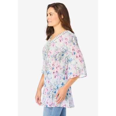 Navy Floral Border Plus Size V-Neck Bell Sleeve Blouse