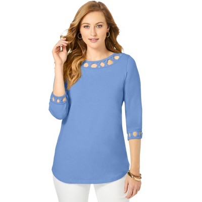 Jessica London Women's Plus Size Stretch Cotton Lattice Boatneck Tunic