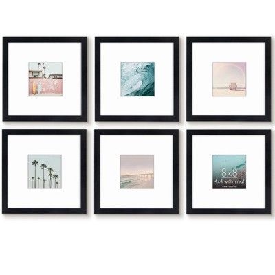 Americanflat 8x8 Picture Frame with Shatter-Resistant Glass - Set of 6 - Use as 4x4 Frame with Mat or Display 8x8 Photo Without Mat - Black