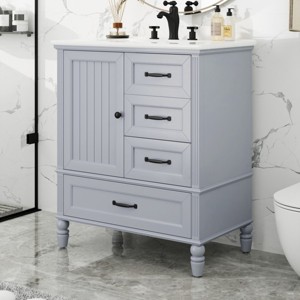 Bathroom Vanity With Ceramic Sink,Bathroom Storage Cabinet With 3 Drawers,Solid Wood Legs And Adiustable Foot Pads-Maison Boucle - 1 of 4