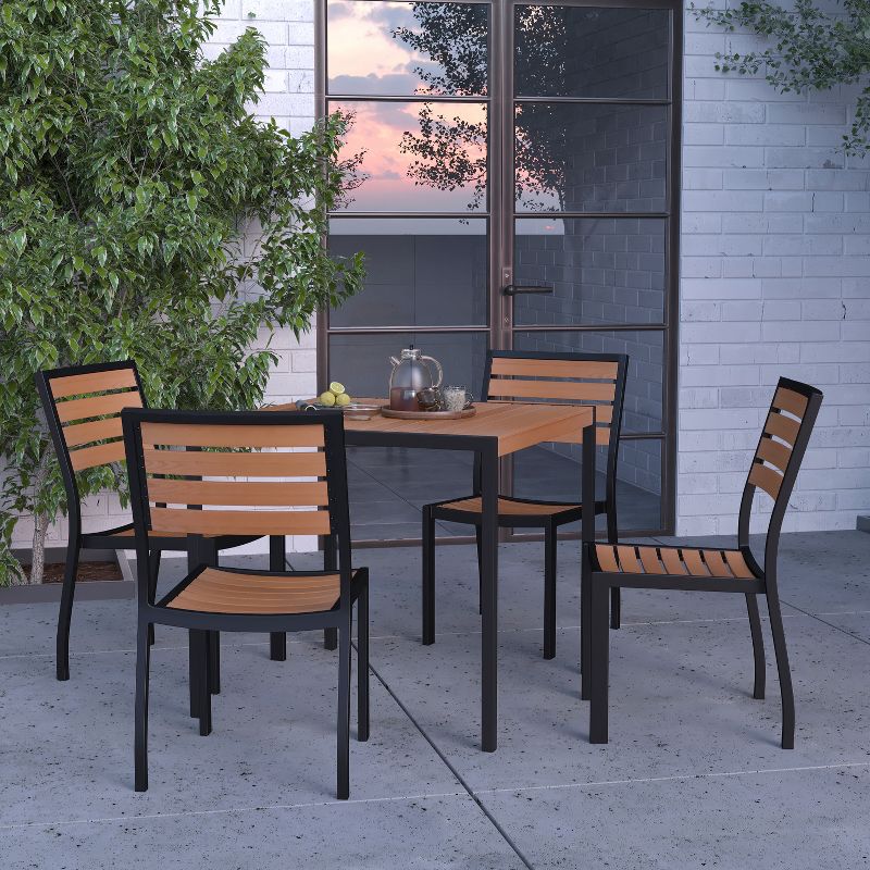 Merrick Lane 5 Piece Patio Table and Chairs Set Faux Teak Wood And Metal Indoor/Outdoor Table and Chairs with All-Weather Purpose, 3 of 14