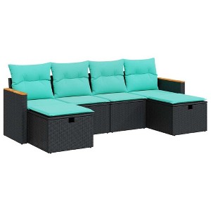 vidaXL 6-Piece Patio Sofa Set-Black Rattan/Steel - Outdoor Garden Terrace/Deck - Storage Seats - Blue Cushions - 1 of 4