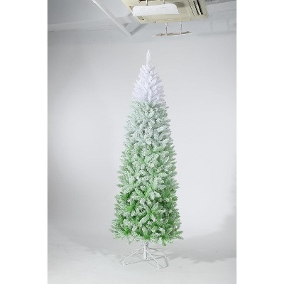 6FT Green Gradient Pencil Christmas Tree – Prelit with 100 Dual Color LEDs, Snow Flocked, 320 Branch Tips, Metal Stand