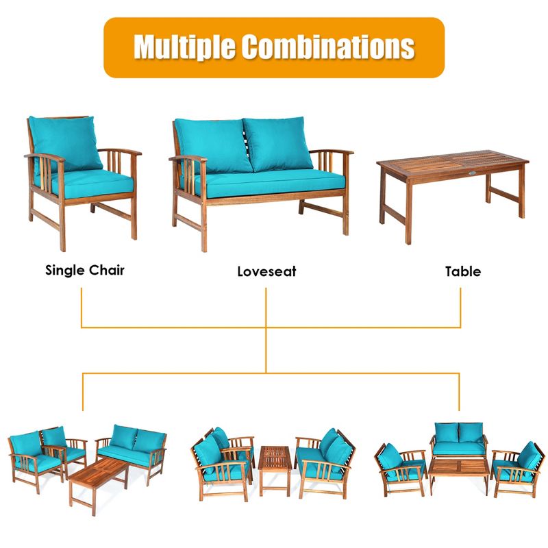 Tangkula 8pcs Wooden Patio Furniture Set Table & Sectional Sofa w/ Turquoise Cushion, 4 of 11