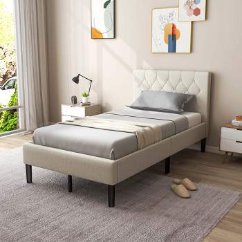 Costway Upholstered Platform Bed Twin Size Button Tufted Headboard Wooden Slats Support