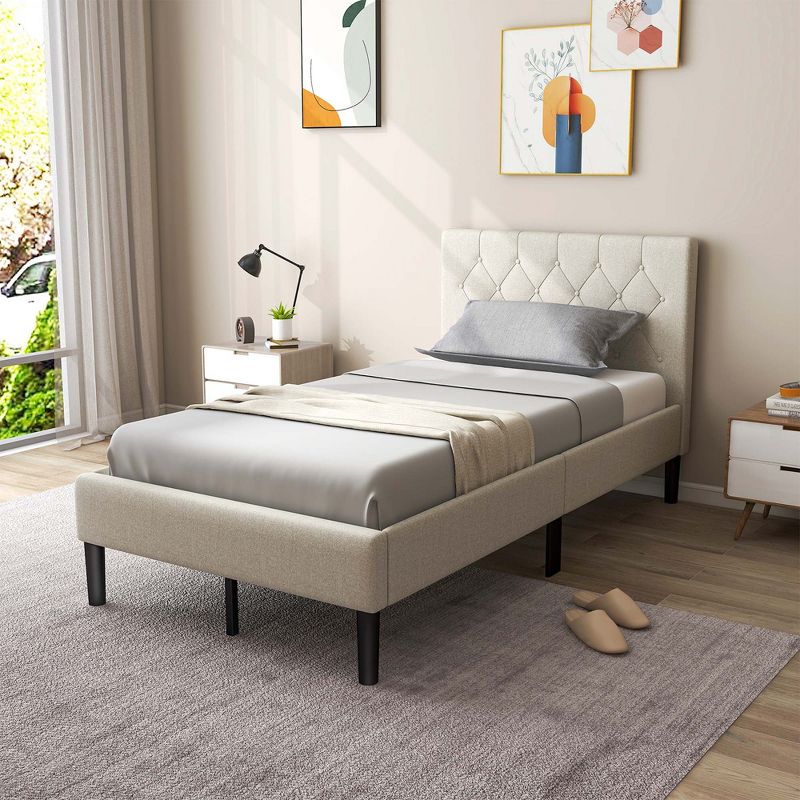 Costway Upholstered Platform Bed Twin Size Button Tufted Headboard Wooden Slats Support, 1 of 9
