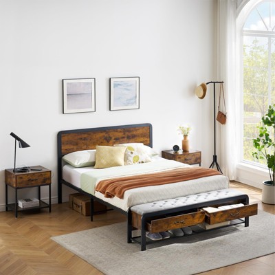 TROPOW Queen Size Platform Bed with Storage, Matching Headboard & Ottoman, 2 Concealed Drawers, Reinforced Frame, Soft Corner Design