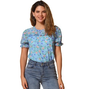 INSPIRE CHIC Women's Chiffon Short Sleeve Ruffled Trim Floral Blouse - 1 of 4