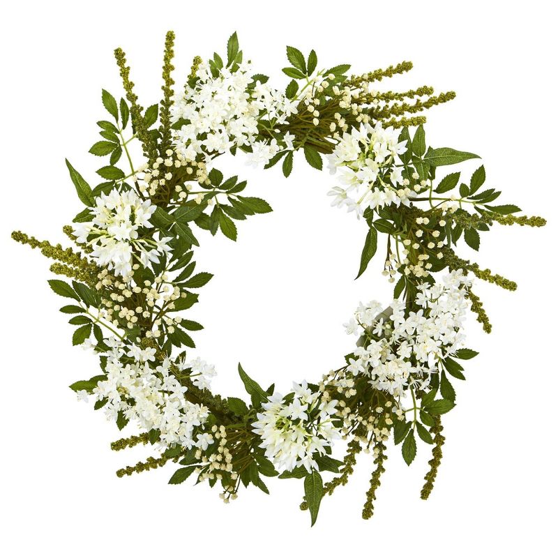 Nearly Natural 24” White Mixed Floral Artificial Wreath, 1 of 2