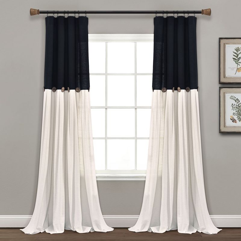Home Boutique Linen Button New Window Curtain Panel Black/White Single 40x108, 1 of 2