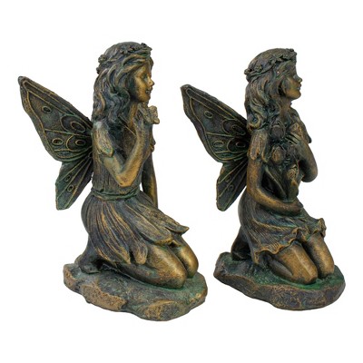 Bronze Kneeling Fairies with Flowers and Butterfly Garden Statues, Set of 2